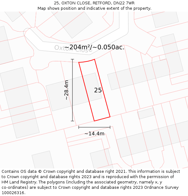 25, OXTON CLOSE, RETFORD, DN22 7WR: Plot and title map
