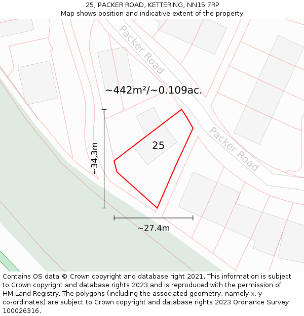 25, PACKER ROAD, KETTERING, NN15 7RP: Plot and title map
