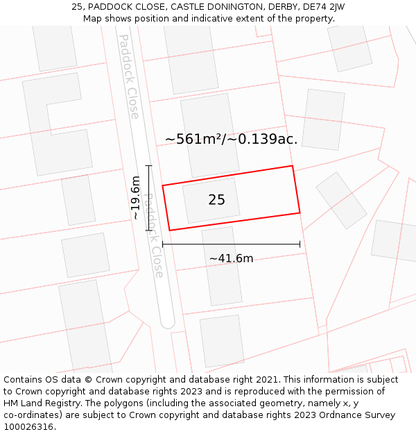 25, PADDOCK CLOSE, CASTLE DONINGTON, DERBY, DE74 2JW: Plot and title map