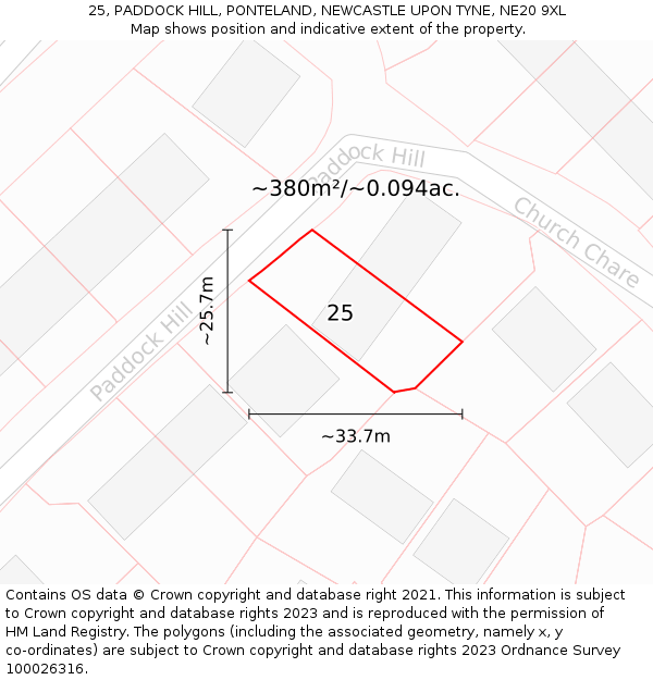 25, PADDOCK HILL, PONTELAND, NEWCASTLE UPON TYNE, NE20 9XL: Plot and title map