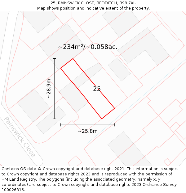 25, PAINSWICK CLOSE, REDDITCH, B98 7XU: Plot and title map