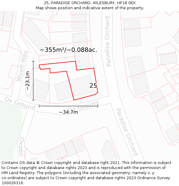 25, PARADISE ORCHARD, AYLESBURY, HP18 0EX: Plot and title map
