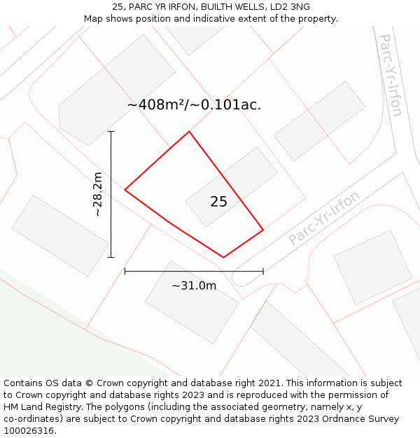 25, PARC YR IRFON, BUILTH WELLS, LD2 3NG: Plot and title map