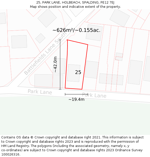 25, PARK LANE, HOLBEACH, SPALDING, PE12 7EJ: Plot and title map