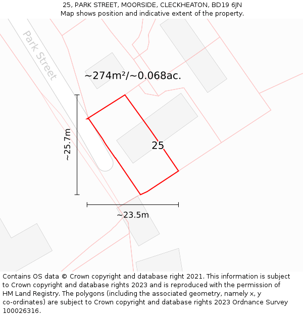 25, PARK STREET, MOORSIDE, CLECKHEATON, BD19 6JN: Plot and title map