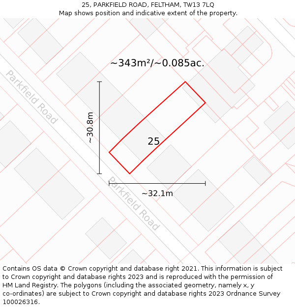 25, PARKFIELD ROAD, FELTHAM, TW13 7LQ: Plot and title map