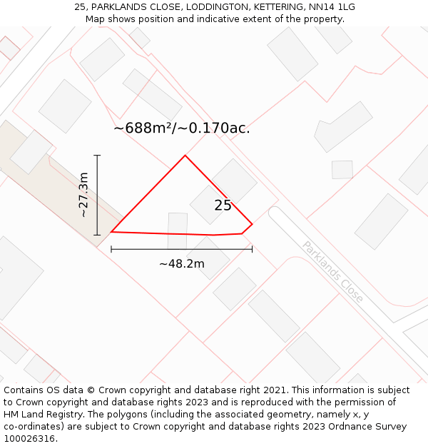 25, PARKLANDS CLOSE, LODDINGTON, KETTERING, NN14 1LG: Plot and title map