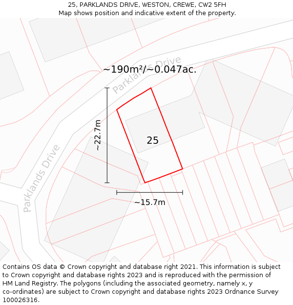 25, PARKLANDS DRIVE, WESTON, CREWE, CW2 5FH: Plot and title map