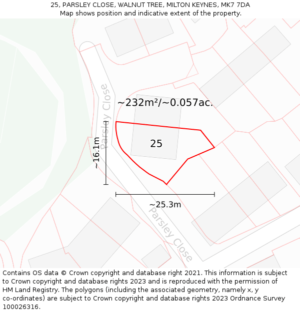 25, PARSLEY CLOSE, WALNUT TREE, MILTON KEYNES, MK7 7DA: Plot and title map