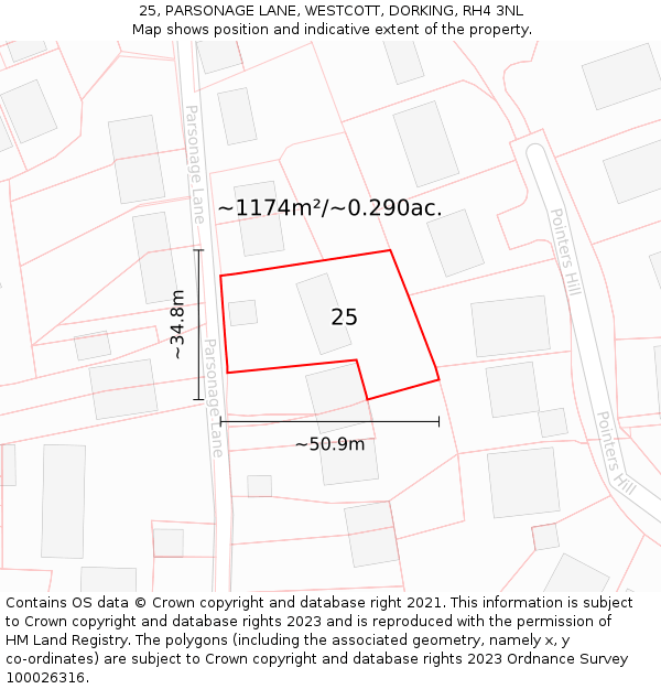 25, PARSONAGE LANE, WESTCOTT, DORKING, RH4 3NL: Plot and title map