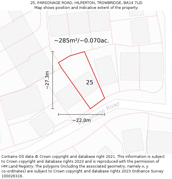 25, PARSONAGE ROAD, HILPERTON, TROWBRIDGE, BA14 7UD: Plot and title map