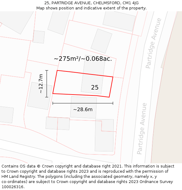 25, PARTRIDGE AVENUE, CHELMSFORD, CM1 4JG: Plot and title map