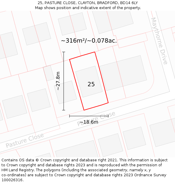 25, PASTURE CLOSE, CLAYTON, BRADFORD, BD14 6LY: Plot and title map