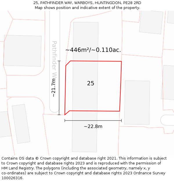 25, PATHFINDER WAY, WARBOYS, HUNTINGDON, PE28 2RD: Plot and title map