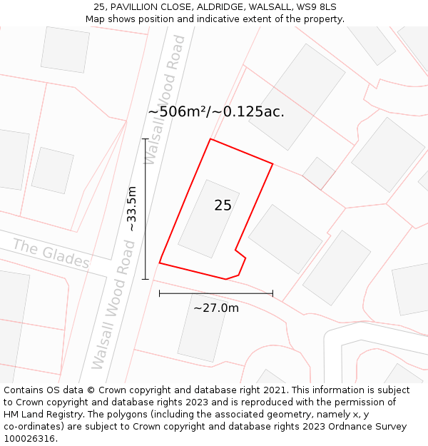 25, PAVILLION CLOSE, ALDRIDGE, WALSALL, WS9 8LS: Plot and title map