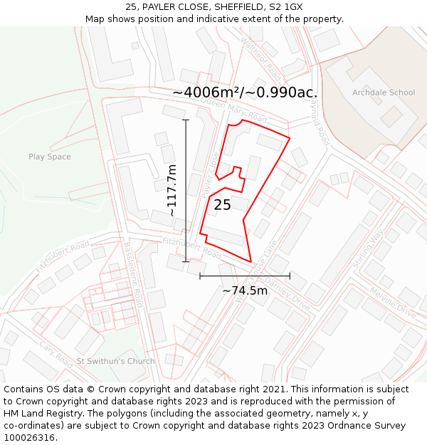 25, PAYLER CLOSE, SHEFFIELD, S2 1GX: Plot and title map