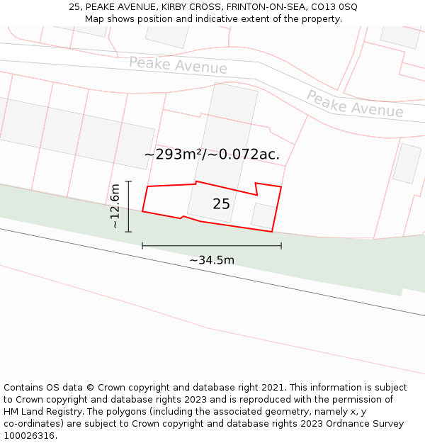 25, PEAKE AVENUE, KIRBY CROSS, FRINTON-ON-SEA, CO13 0SQ: Plot and title map