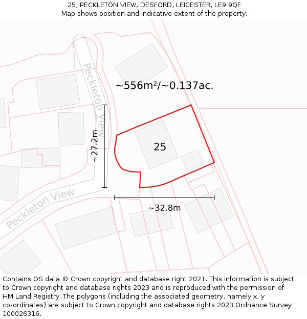 25, PECKLETON VIEW, DESFORD, LEICESTER, LE9 9QF: Plot and title map