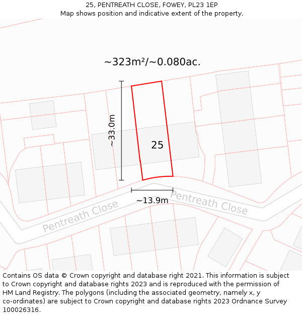 25, PENTREATH CLOSE, FOWEY, PL23 1EP: Plot and title map
