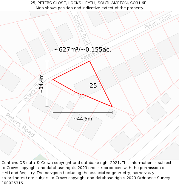 25, PETERS CLOSE, LOCKS HEATH, SOUTHAMPTON, SO31 6EH: Plot and title map