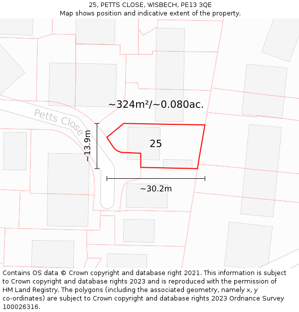 25, PETTS CLOSE, WISBECH, PE13 3QE: Plot and title map