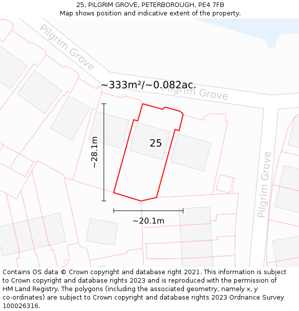 25, PILGRIM GROVE, PETERBOROUGH, PE4 7FB: Plot and title map