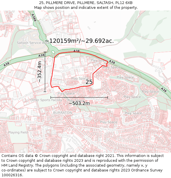 25, PILLMERE DRIVE, PILLMERE, SALTASH, PL12 6XB: Plot and title map
