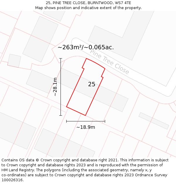 25, PINE TREE CLOSE, BURNTWOOD, WS7 4TE: Plot and title map
