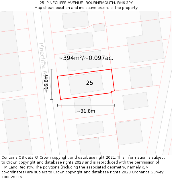 25, PINECLIFFE AVENUE, BOURNEMOUTH, BH6 3PY: Plot and title map