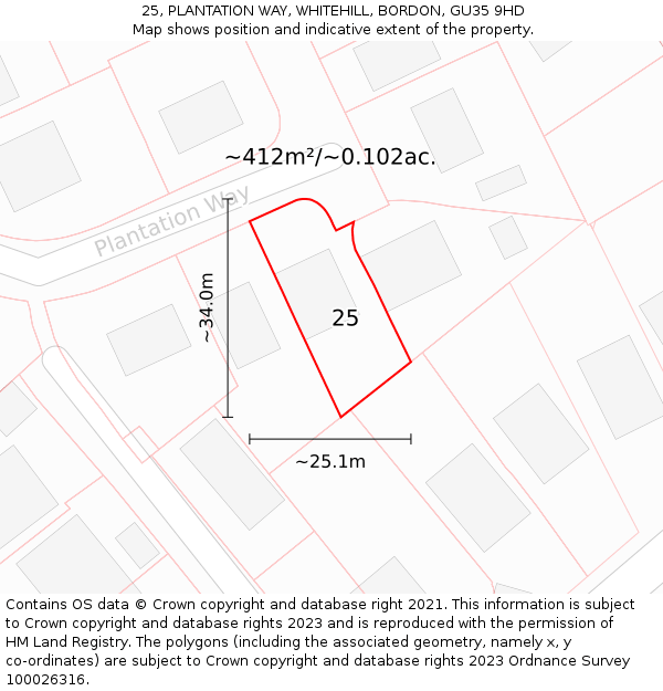 25, PLANTATION WAY, WHITEHILL, BORDON, GU35 9HD: Plot and title map