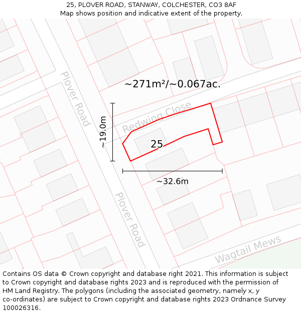 25, PLOVER ROAD, STANWAY, COLCHESTER, CO3 8AF: Plot and title map