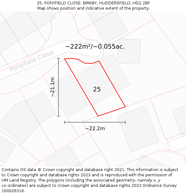 25, PONYFIELD CLOSE, BIRKBY, HUDDERSFIELD, HD2 2BF: Plot and title map