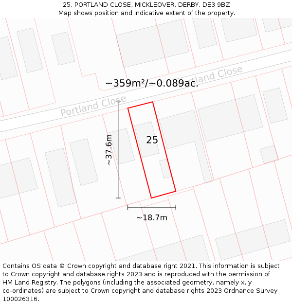 25, PORTLAND CLOSE, MICKLEOVER, DERBY, DE3 9BZ: Plot and title map