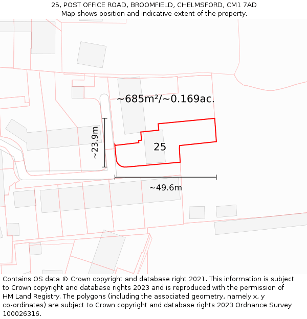 25, POST OFFICE ROAD, BROOMFIELD, CHELMSFORD, CM1 7AD: Plot and title map