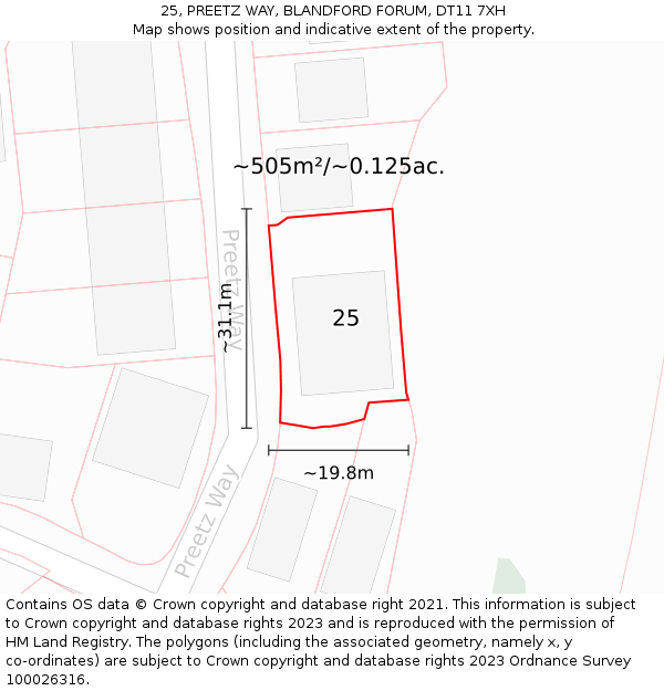 25, PREETZ WAY, BLANDFORD FORUM, DT11 7XH: Plot and title map