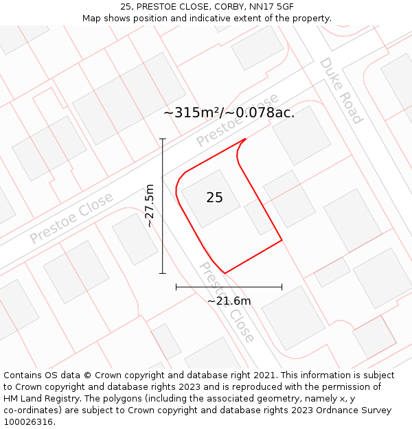 25, PRESTOE CLOSE, CORBY, NN17 5GF: Plot and title map