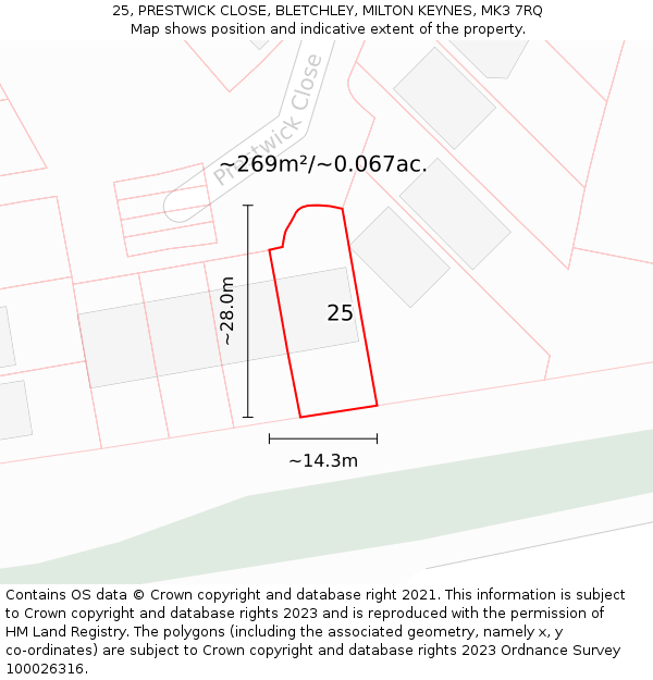 25, PRESTWICK CLOSE, BLETCHLEY, MILTON KEYNES, MK3 7RQ: Plot and title map