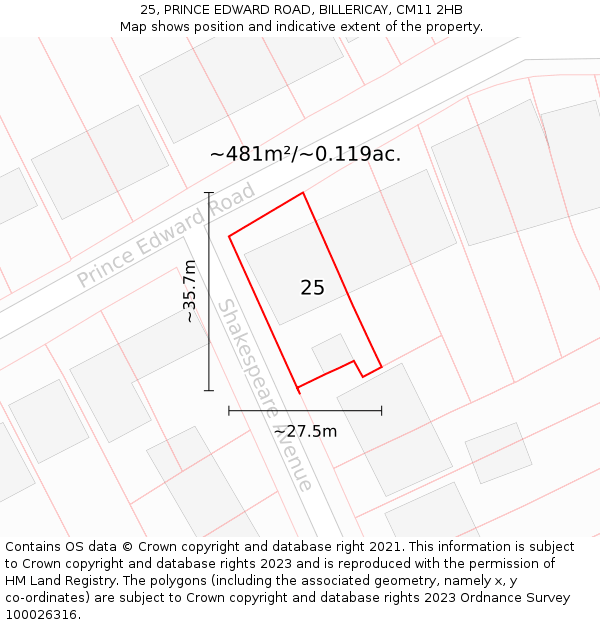 25, PRINCE EDWARD ROAD, BILLERICAY, CM11 2HB: Plot and title map