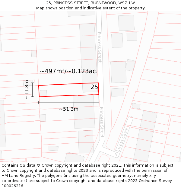 25, PRINCESS STREET, BURNTWOOD, WS7 1JW: Plot and title map