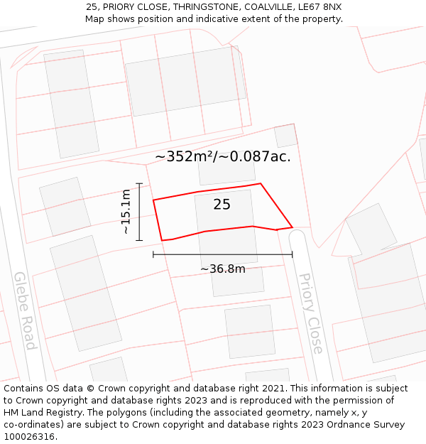 25, PRIORY CLOSE, THRINGSTONE, COALVILLE, LE67 8NX: Plot and title map