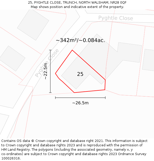 25, PYGHTLE CLOSE, TRUNCH, NORTH WALSHAM, NR28 0QF: Plot and title map