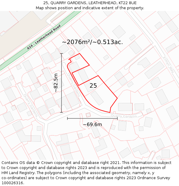 25, QUARRY GARDENS, LEATHERHEAD, KT22 8UE: Plot and title map