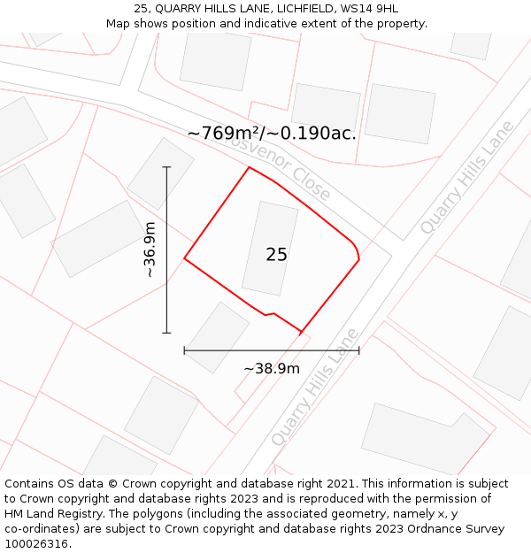 25, QUARRY HILLS LANE, LICHFIELD, WS14 9HL: Plot and title map