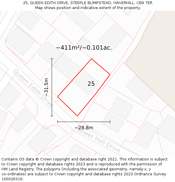 25, QUEEN EDITH DRIVE, STEEPLE BUMPSTEAD, HAVERHILL, CB9 7ER: Plot and title map