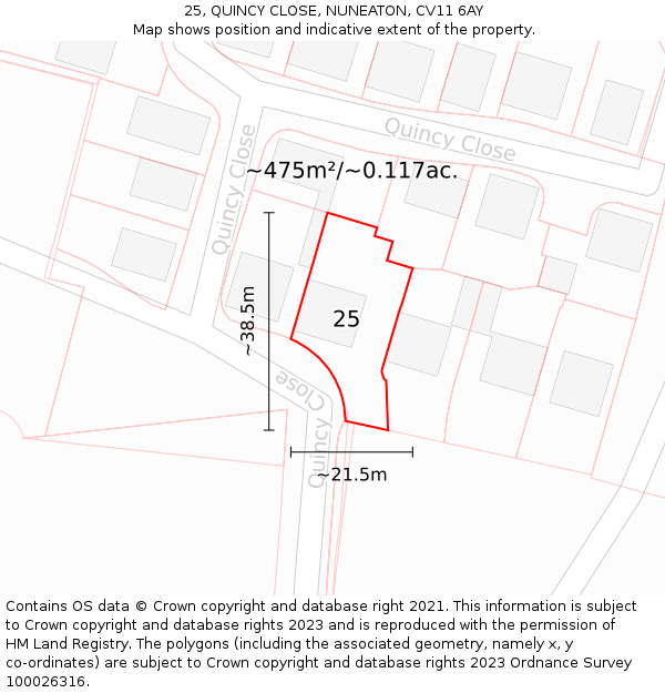 25, QUINCY CLOSE, NUNEATON, CV11 6AY: Plot and title map