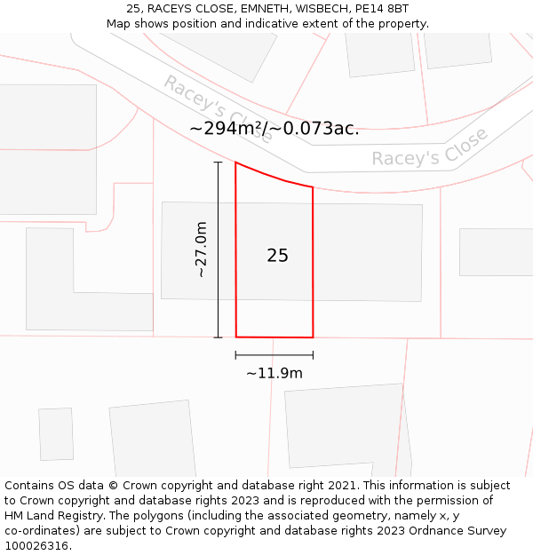 25, RACEYS CLOSE, EMNETH, WISBECH, PE14 8BT: Plot and title map