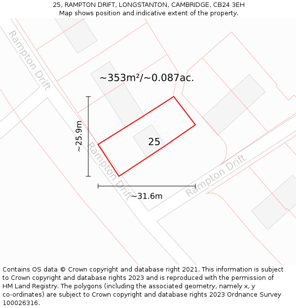25, RAMPTON DRIFT, LONGSTANTON, CAMBRIDGE, CB24 3EH: Plot and title map