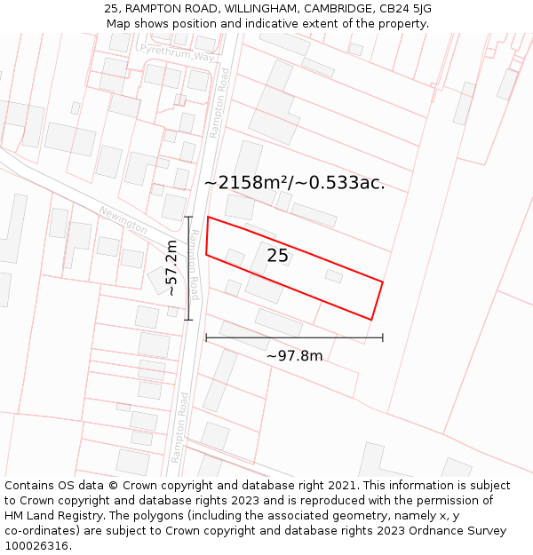 25, RAMPTON ROAD, WILLINGHAM, CAMBRIDGE, CB24 5JG: Plot and title map
