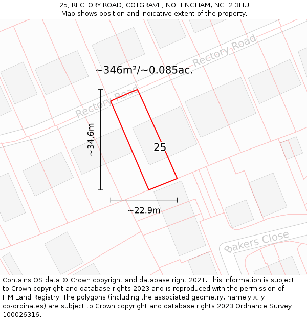 25, RECTORY ROAD, COTGRAVE, NOTTINGHAM, NG12 3HU: Plot and title map