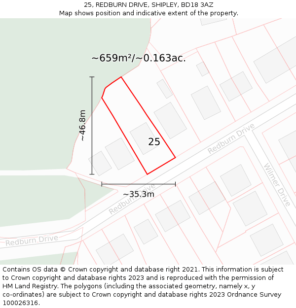 25, REDBURN DRIVE, SHIPLEY, BD18 3AZ: Plot and title map
